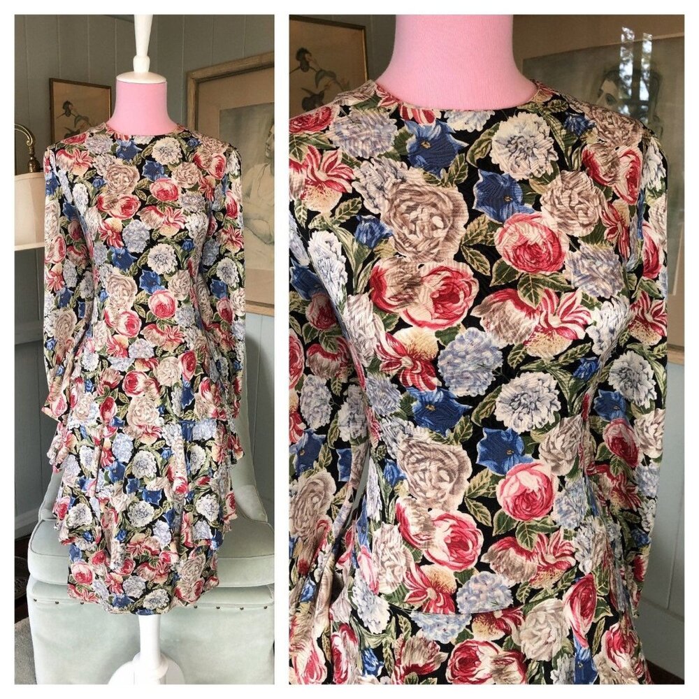 Maggy London Silk Dress Vintage Silk Floral Mini 80s Dress Medium Large M L